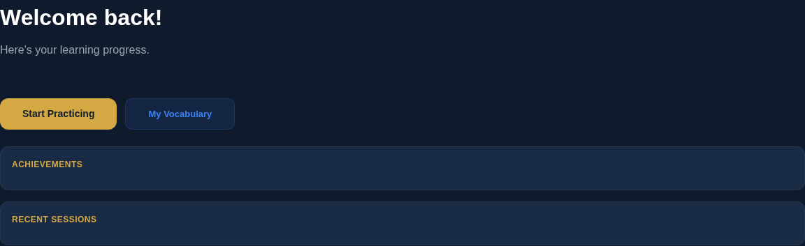 LingoRooms dashboard showing Welcome back message, Start Practicing and My Vocabulary buttons, and Achievements section