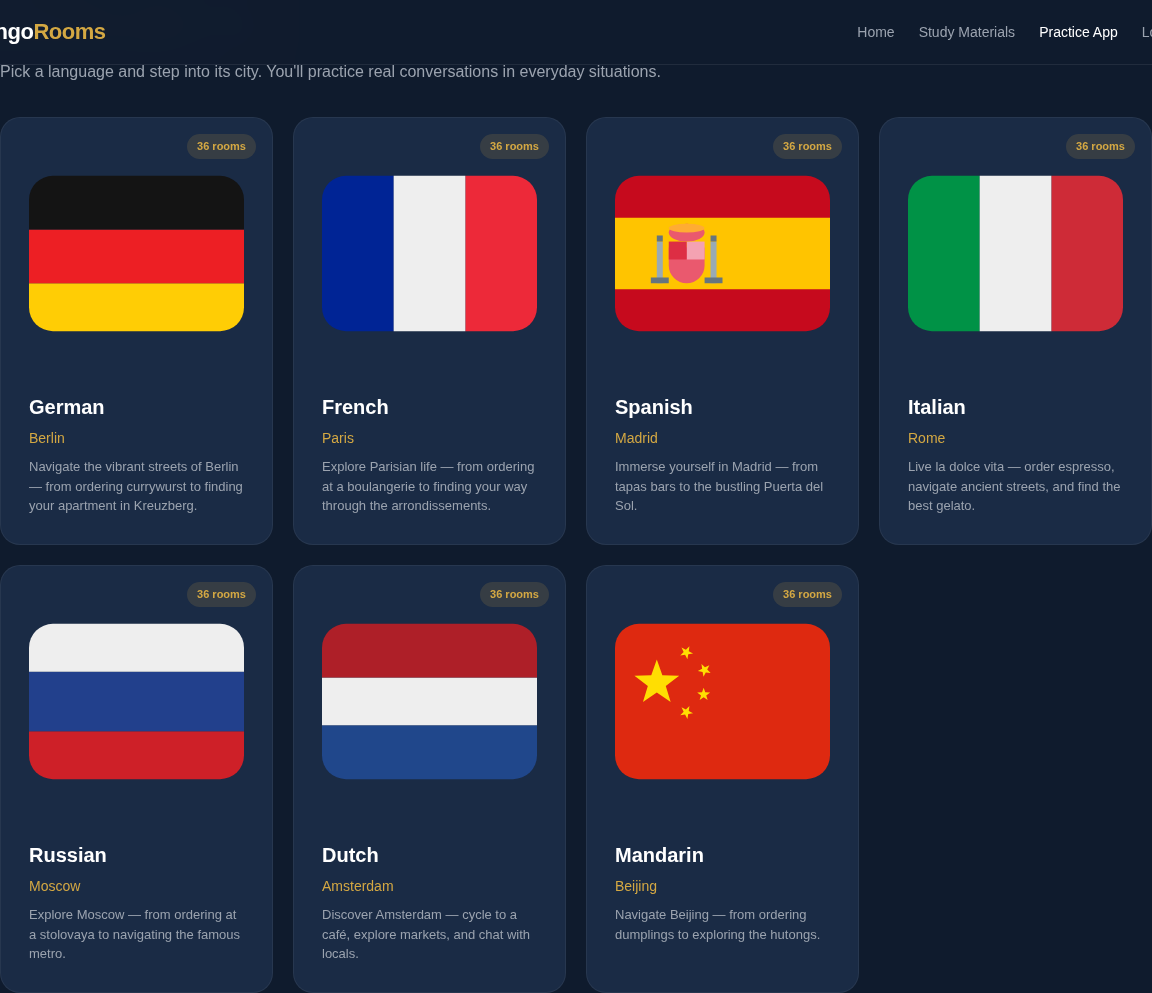 LingoRooms language selection showing country flags for German, French, Spanish, Italian, Russian, Dutch, and Mandarin