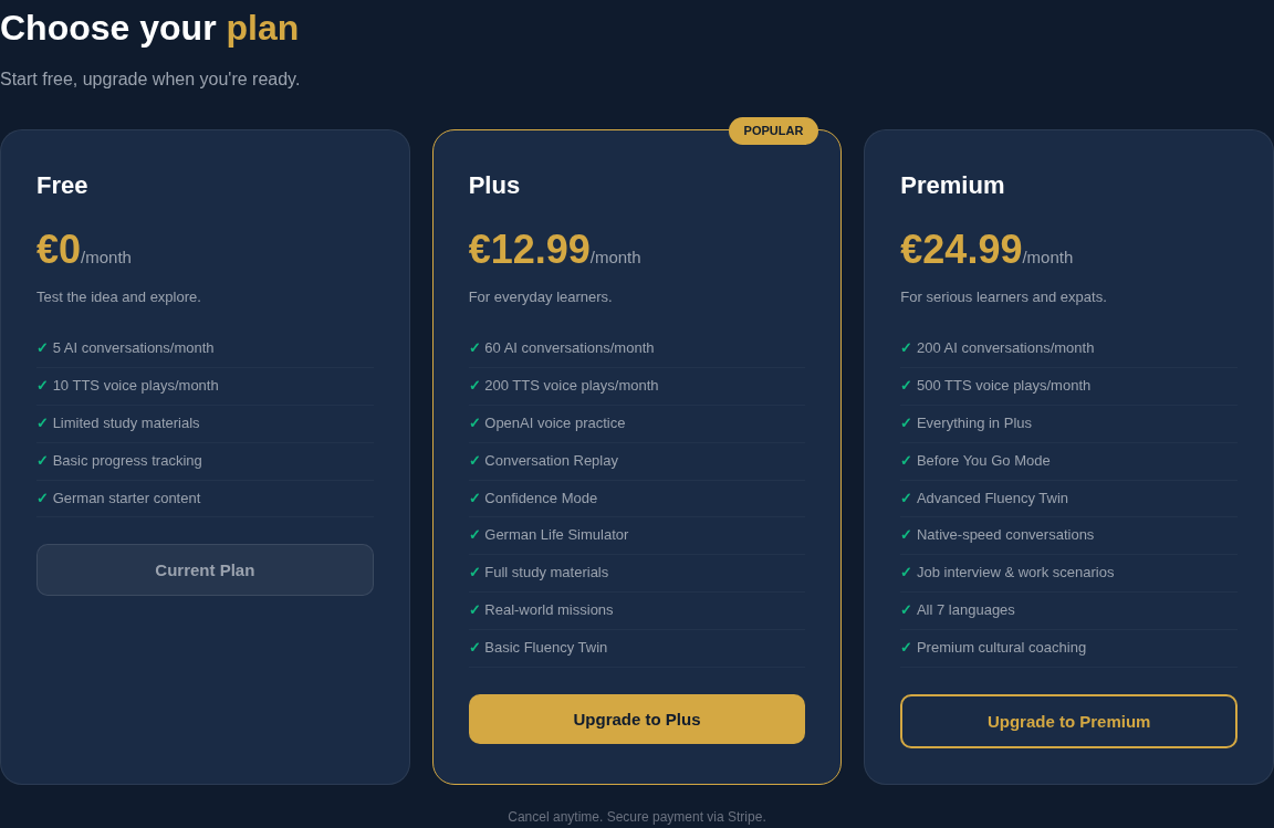 LingoRooms pricing showing Free at 0 euros, Plus at 12.99 euros, and Premium at 24.99 euros per month