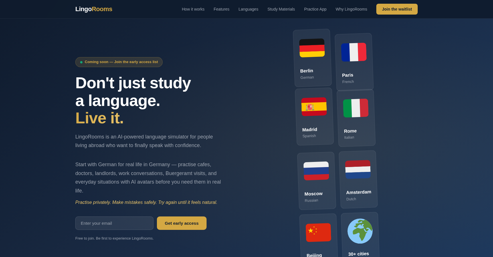 LingoRooms homepage showing the tagline 'Don't just study a language. Live it.' with language city cards