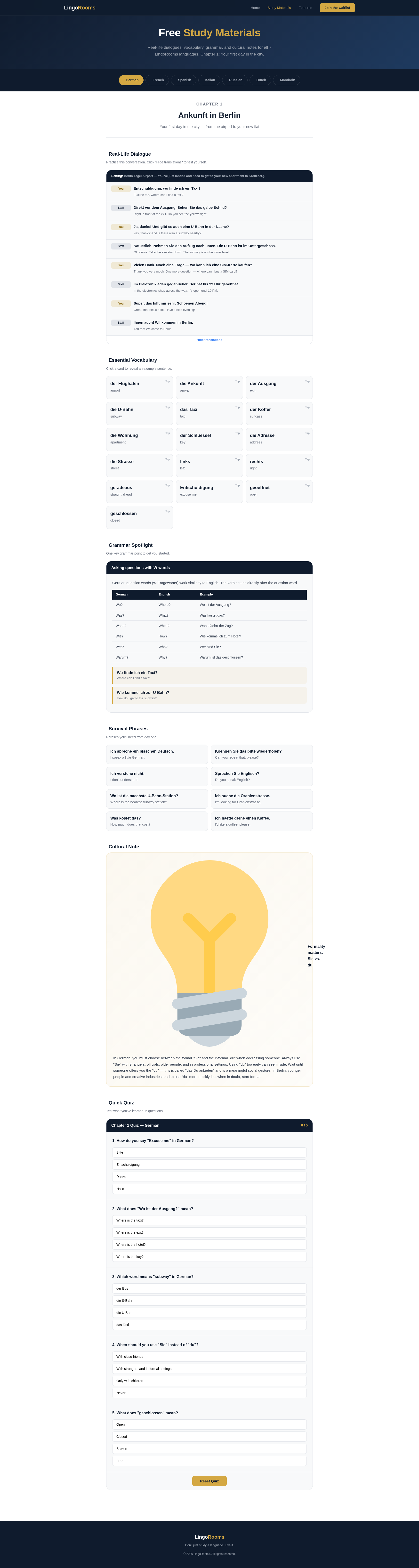 LingoRooms study materials page showing real-life dialogues, vocabulary, grammar spotlight, survival phrases, and quizzes